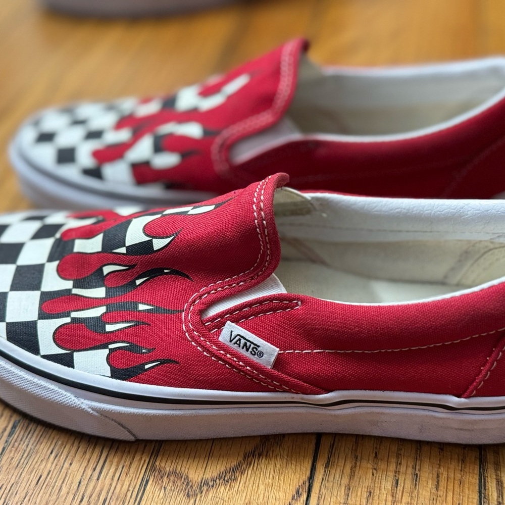 Vans Red and Black Flame Checkered Slip-Ons